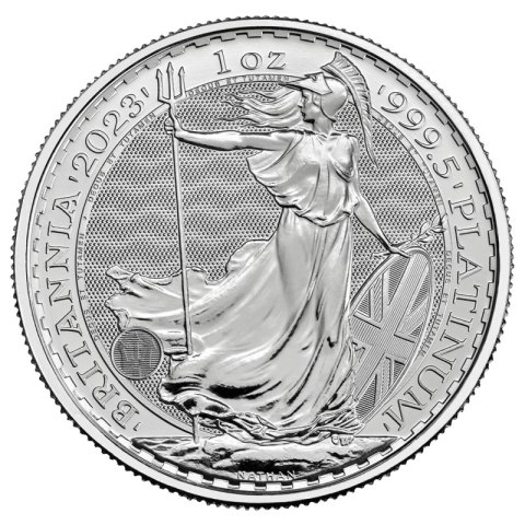 1 oz Britannia Karol III Platynowa Moneta 2023 rewers – postać Britannii z zabezpieczeniami 1 oz Britannia Karol III Platynowa Moneta 2023 rewers – postać Britannii z zabezpieczeniami