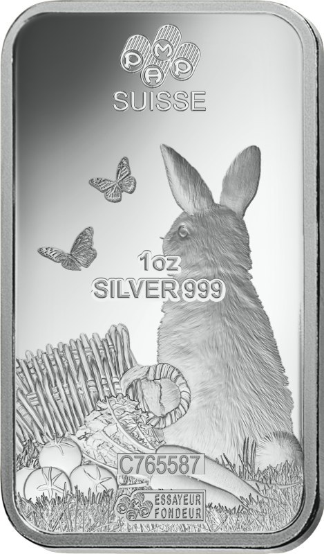1 oz srebrna sztabka Lunar Królik 2023 od PAMP – awers z wizerunkiem królika 1 oz srebrna sztabka Lunar Królik 2023 od PAMP – awers z wizerunkiem królika