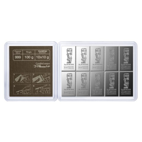 Sztabka CombiCoin Valcambi 10 x 10 g – dzielona sztabka srebrna o wadze 100 g w blistrze ochronnym Sztabka CombiCoin Valcambi 10 x 10 g – dzielona sztabka srebrna o wadze 100 g w blistrze ochronnym