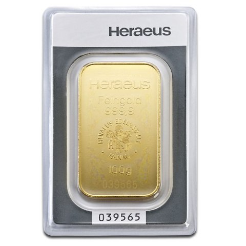 100g Złota Sztabka Bita | Heraeus 100g Złota Sztabka Bita | Heraeus