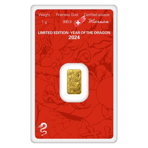 1 g Złota Sztabka Rok Smoka 2024 – Argor-Heraeus, blister CertiPack, motyw smoka