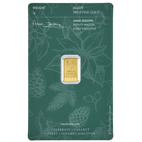 1 g Złota Sztabka Wesołych Świąt – The Royal Mint, świąteczne opakowanie prezentowe 1 g Złota Sztabka Wesołych Świąt – The Royal Mint, świąteczne opakowanie prezentowe