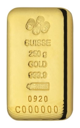 250g Złota Sztabka PAMP Suisse z certyfikatem – przód z logo i numerem
