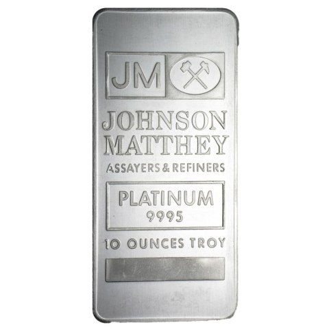 10 oz Platynowa Sztabka Johnson Matthey – przód z logo i próbą 999,9 10 oz Platynowa Sztabka Johnson Matthey – przód z logo i próbą 999,9
