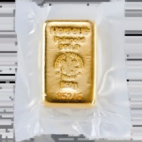250g Złota Sztabka Heraeus – ręcznie odlewana, certyfikat i numer seryjny 250g Złota Sztabka Heraeus – ręcznie odlewana, certyfikat i numer seryjny