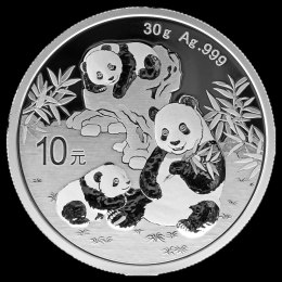 Srebrna moneta 30g Chińska Panda 2025 - inwestycyjna moneta bulionowa, srebro 999/1000, w woreczku ochronnym.