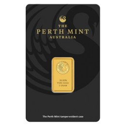 5g Złota Sztabka Perth Mint – czystość 999,9, motyw kangura i łabędzia, certyfikowany blister