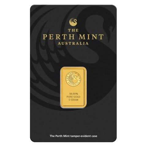 5g Złota Sztabka Perth Mint – czystość 999,9, motyw kangura i łabędzia, certyfikowany blister 5g Złota Sztabka Perth Mint – czystość 999,9, motyw kangura i łabędzia, certyfikowany blister
