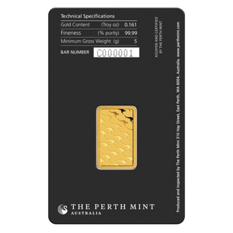 5g Złota Sztabka Perth Mint – czystość 999,9, motyw kangura i łabędzia, certyfikowany blister 5g Złota Sztabka Perth Mint – czystość 999,9, motyw kangura i łabędzia, certyfikowany blister