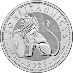 1 oz Brytyjski Lew 2025 srebrna moneta – awers w kapslu ochronnym