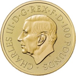 1 oz Brytyjski Lew 2025 złota moneta – awers w kapslu ochronnym 1 oz Brytyjski Lew 2025 złota moneta – awers w kapslu ochronnym