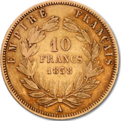 Złota moneta 10 Franków Napoleon III z lat 1854–1860