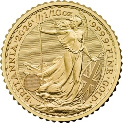 1/10 oz Britannia 2026 złota moneta z wizerunkiem Karola III w kapslu ochronnym