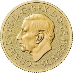 1-4 oz Brytyjski Lew 2025 złota moneta – awers w kapslu ochronnym 1-4 oz Brytyjski Lew 2025 złota moneta – awers w kapslu ochronnym