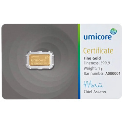 1g Złota Sztabka Umicore – inwestycyjna sztabka złota 999.9, producent Umicore, Belgia 1g Złota Sztabka Umicore – inwestycyjna sztabka złota 999.9, producent Umicore, Belgia