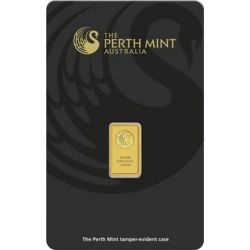 Złota sztabka 1g Perth Mint – awers z logo łabędzia w blistrze ochronnym