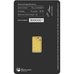 Złota sztabka 1g Perth Mint – rewers z motywem kangura i certyfikatem