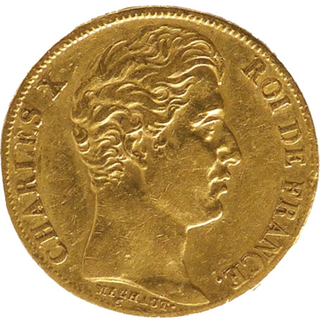 Złota moneta 20 Franków Francja Charles X 1824–1830 Złota moneta 20 Franków Francja Charles X 1824–1830