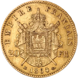 Złota moneta 20 franków Francja Napoleon III z koroną – próba 900, lata 1861–1870 Złota moneta 20 franków Francja Napoleon III z koroną – próba 900, lata 1861–1870