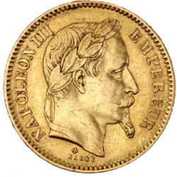 Złota moneta 20 franków Francja Napoleon III z koroną – próba 900, lata 1861–1870 Złota moneta 20 franków Francja Napoleon III z koroną – próba 900, lata 1861–1870
