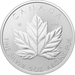 2026 5 oz Grand Maple Leaf srebrna moneta bulionowa Royal Canadian Mint w kapslu ochronnym – rewers z czerwonym liściem klonowym
