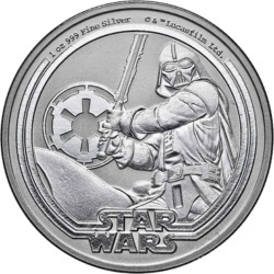 Srebrna moneta Darth Vader 1 oz 2026 – detale hełmu i miecza świetlnego na rewersie, próba 999/1000