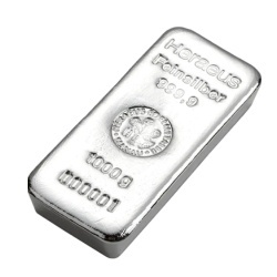 1 kg srebrna sztabka Heraeus – odlewana sztabka próby 999 z wybitym numerem seryjnym