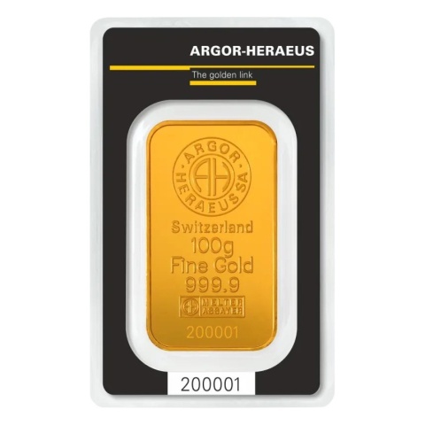 100g Sztabka złota Argor-Heraeus Kinebar – rewers