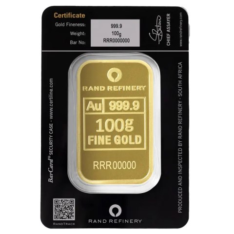 100g Złota Sztabka | Loxodonta Africana | Rand Refinery | QR Code