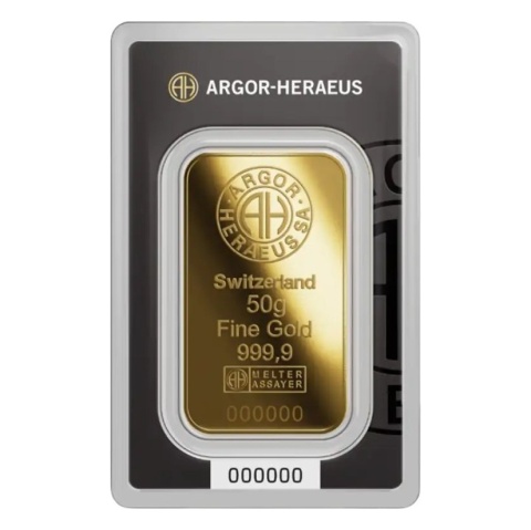 50g Sztabka złota Argor-Heraeus Bita – awers