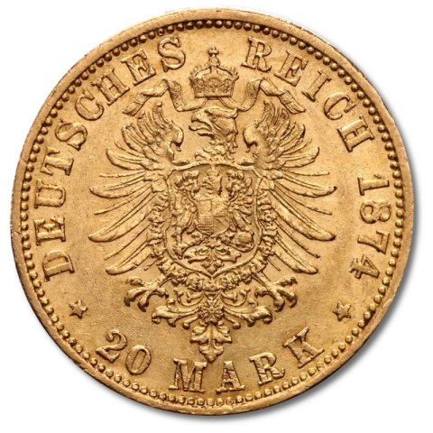 Złota moneta 20 Marek Wilhelm I, Cesarstwo Niemieckie — 1871-1888