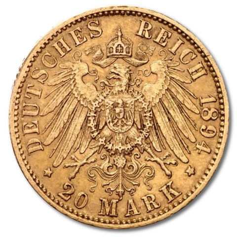 Złota moneta 20 Marek Wilhelm II, Cesarstwo Niemieckie — 1888-1913